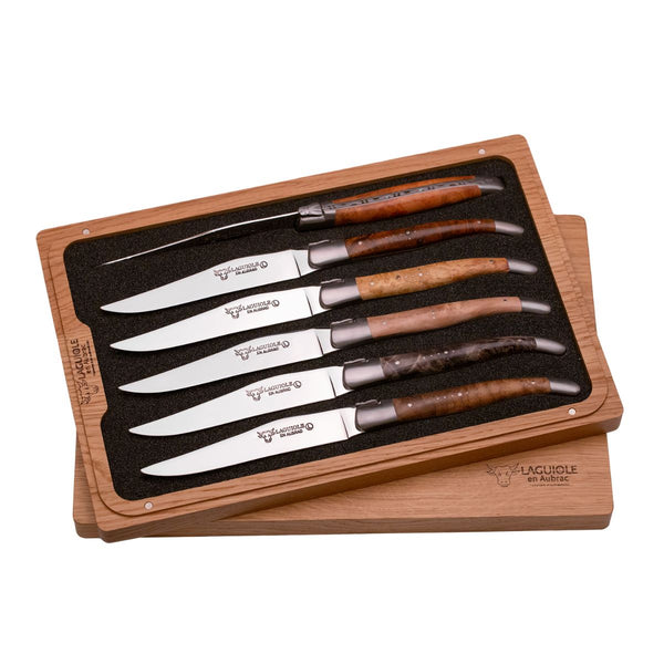 Laguiole Set of 6 Steak Knives - Mixed Wooden Burls