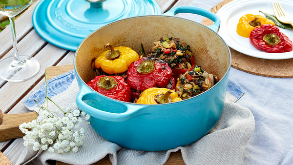 Le Creuset: Stuffed Peppers with Rainbow Chard, Beef, Leeks, Pine Nuts & Currants