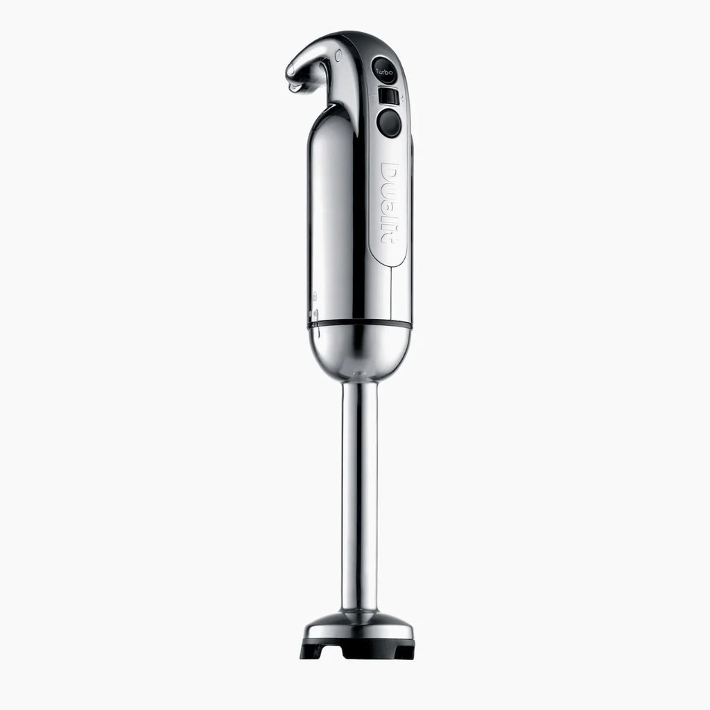 A stick blender with a stainless shaft.