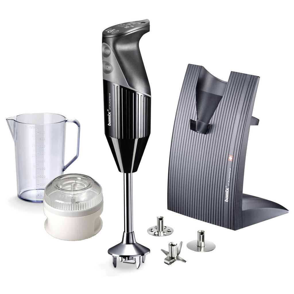 A stick blender with a stainless shaft.