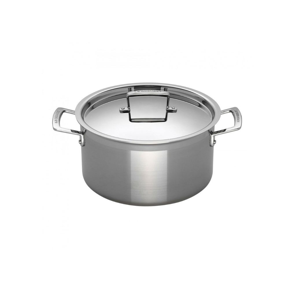A stainless steel casserole with a lid and two handles.
