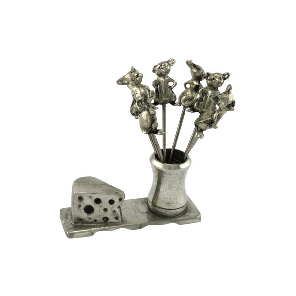 French Pewter Cocktail Forks & Holder - Cheese/Mouse